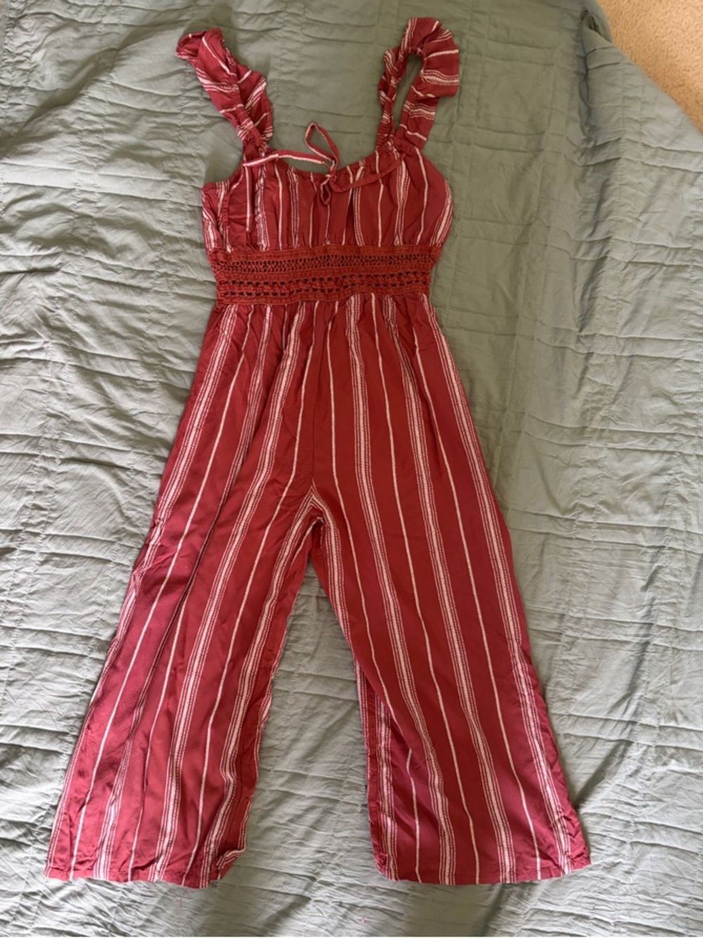 Derek Heart Red and White Striped Crochet-Waist Jumpsuit